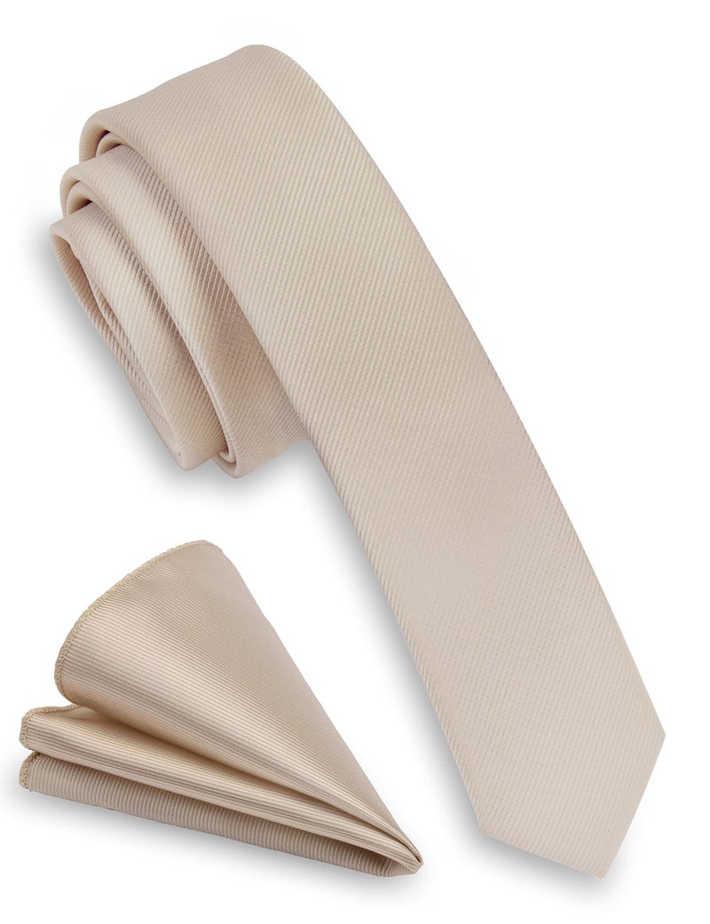 GUSLESON Champagne Slim Tie and Pocket Square Sets Solid Silk Ties For Men Thin Skinny Neckties (0802-10) - Image 1